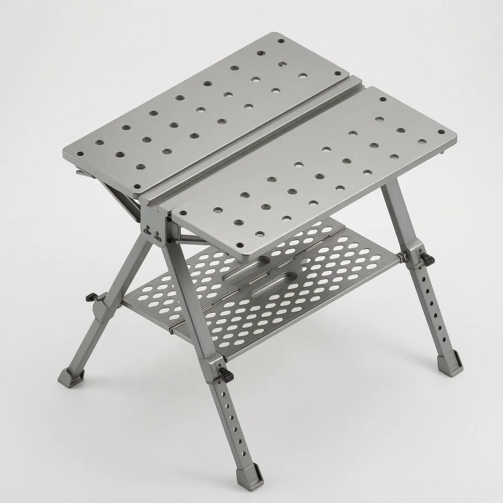 Double-Folding Workbench with Three-Part Tabletop and Telescopic Legs - product render