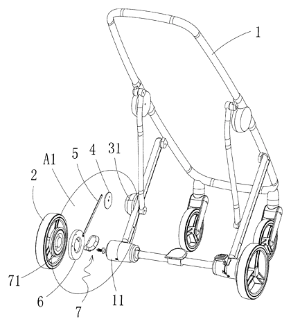 Motorized Rocking Stroller That Rocks by Turning Its Wheels - Patent drawing - exploded drive