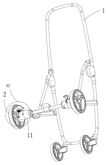 Motorized Rocking Stroller That Rocks by Turning Its Wheels - Patent drawing - rocking mode