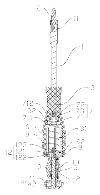 Multifunctional Screwdriver with Internal Bit Storage and Spring-Loaded Slide - Patent drawing - open state
