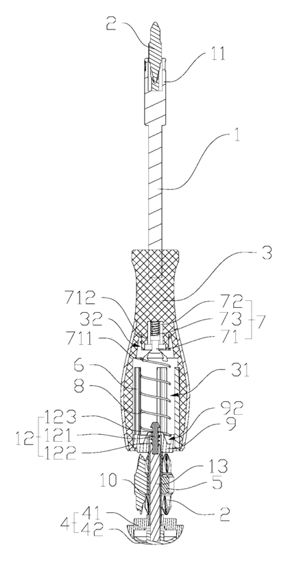 Multifunctional Screwdriver with Internal Bit Storage and Spring-Loaded Slide - Patent Fig. 3