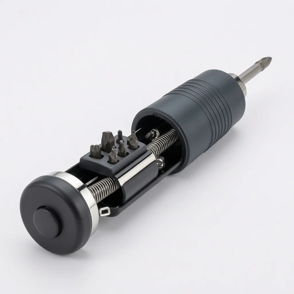 Multifunctional Screwdriver with Internal Bit Storage and Spring-Loaded Slide - product render