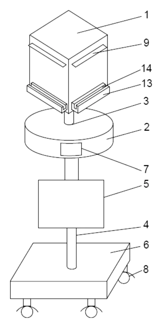 Motorized Rotating Display Pedestal with Lift Column, Info Screen and Clip-On Display Racks - patent drawing