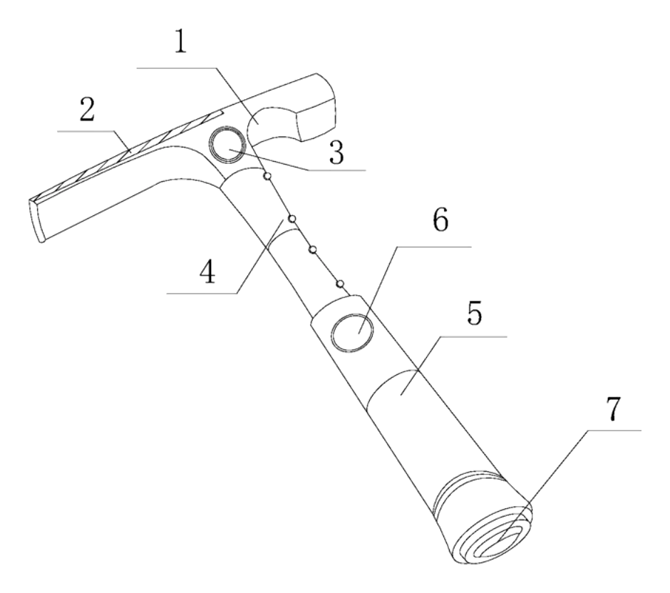 Multi-Function Rock Hammer with Telescoping Handle, Built-In Light, Magnifier and Scale - patent drawing