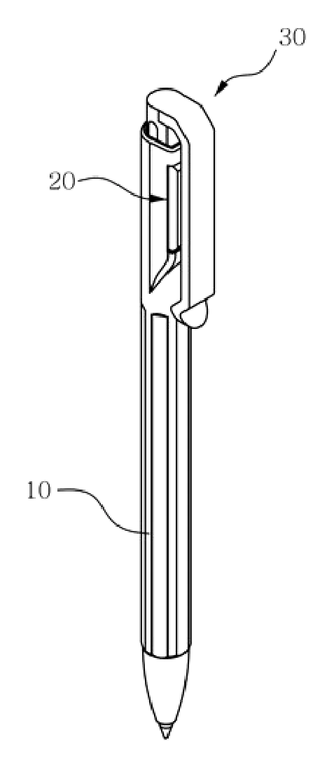 Push-Button Retractable Pen with Guided Elastic Clip Mechanism - patent drawing