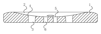Sew-Through Button with Chamfered Thread Holes and Recessed Thread Groove - Patent drawing - cross-section of the button