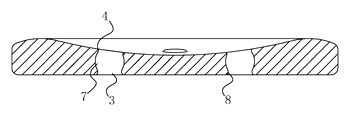 Sew-Through Button with Chamfered Thread Holes and Recessed Thread Groove - Patent drawing - detailed view of the hole edge