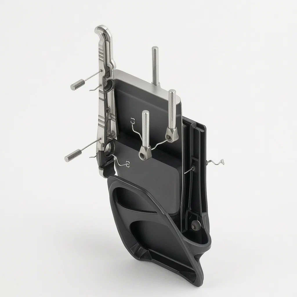 Bicycle Bottle Cage with Integrated Tire Levers and Wrench Tools - product render