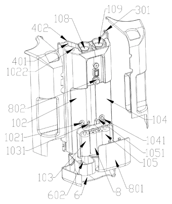 Self-Rinsing Roller Scrub Brush with Dirty-Water Tank - Patent drawing - inside the housing