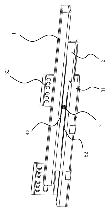 Three-Section Gear-Synchronized Drawer Slide Rail Assembly - Patent drawing - exploded components