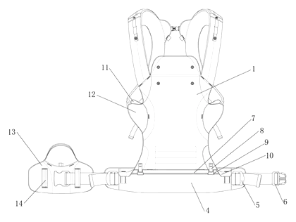 Baby Carrier with Load Dispersion and Adjustable Seat Width - Patent drawing - exploded view