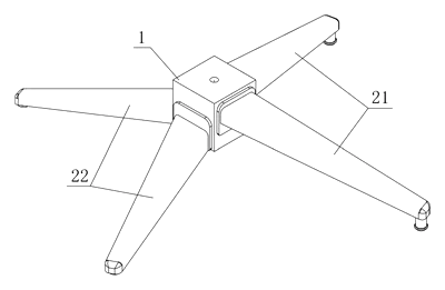 Self-Leveling, Nesting Table Base with a Torsion-Ring Leg Hub - Patent drawing - the base with four inclined legs