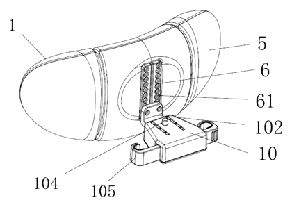 Car Headrest Pillow with Ratchet Side Wings and Push-Button Reach - Patent drawing - pillow on its bracket