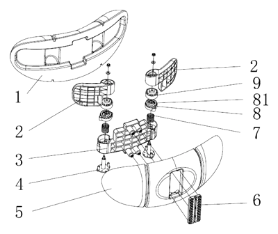 Car Headrest Pillow with Ratchet Side Wings and Push-Button Reach - Patent drawing - exploded pillow