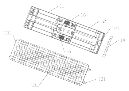 Single-Sided Hand-Free Flat Mop with Folding Plates and Squeezing Mechanism - Patent drawing - exploded mop head