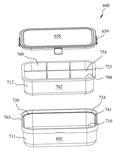 Rigid Shell Container with Removable Silicone Liner - Patent drawing - lunch box