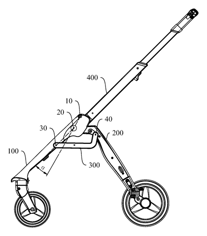 Baby Stroller with a Movably-Mounted Seat and Four-Bar Linkage Frame - Patent drawing - stroller frame structure