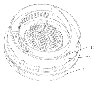 Vortex Airflow Insect Trap with Filter Isolation - Patent drawing - airflow path and filter detail