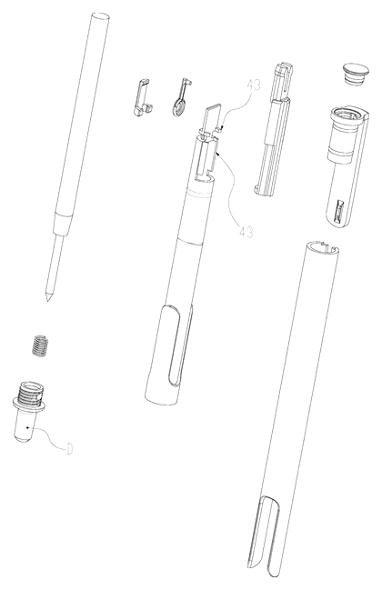 Slide-Action Retractable Pen with a Friction-Loaded Cam That Ignores Gravity - Patent drawing - second version exploded