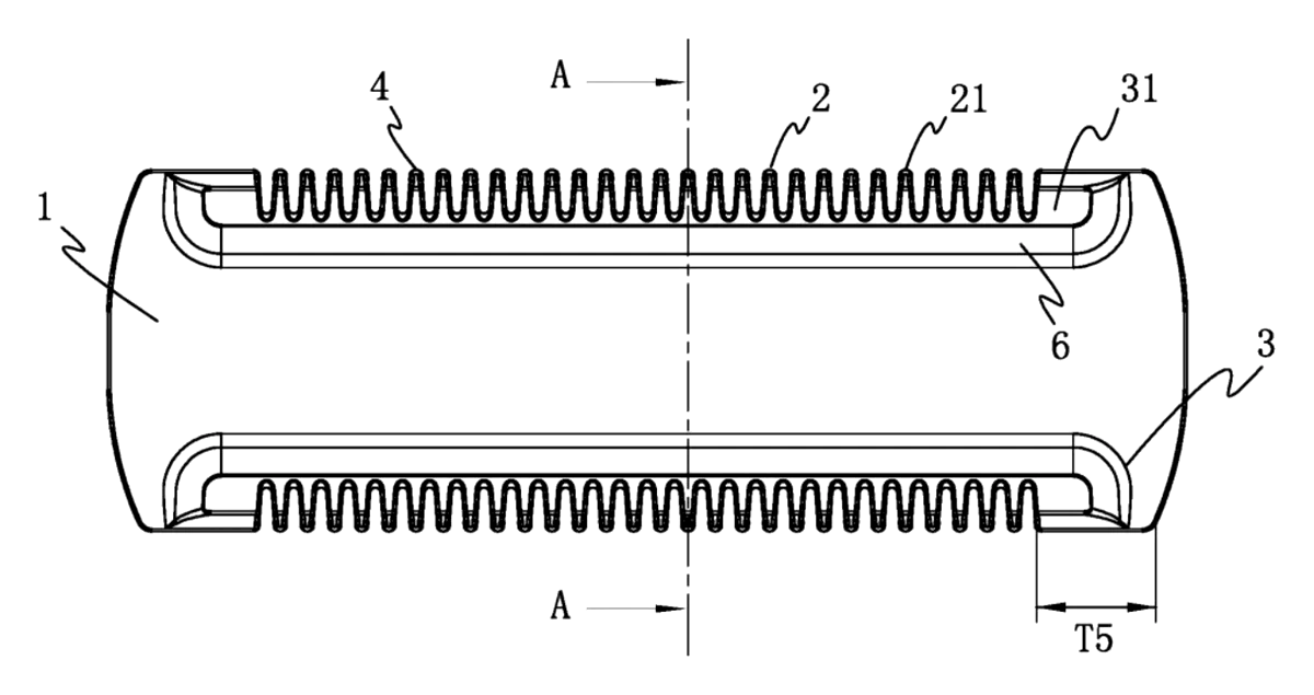 Stationary Clipper Blade with Skin-Guard Tooth Protrusions - patent drawing