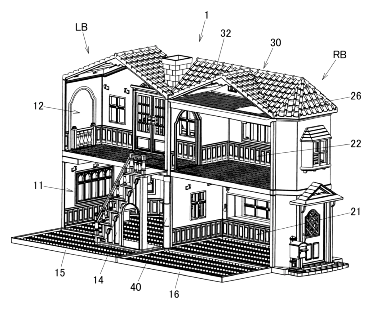 Transforming Construction Toy with an Extendable Roof Unit and Attic Room - patent drawing